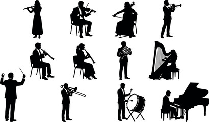 Classical symphony orchestra musicians silhouette collection featuring conductor piano violin cello harp flute trumpet drum performance vectors pack © MstAduri