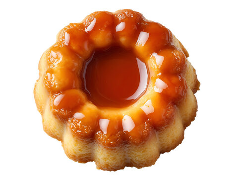 Classic cr&egrave;me caramel with silky vanilla custard and glossy caramel sauce in a fluted mold, isolated on a white background.