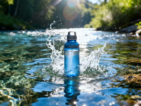 Clear Water Splash with Bottled Drinking Water in Center. Pure Mineral Water, Hydration and Refreshment Concept