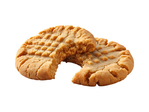Crunchy peanut butter cookies with a signature crisscross pattern and a bite taken out, isolated on a white background.