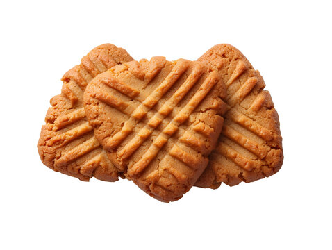 Three classic peanut butter cookies with signature crisscross patterns, freshly baked and isolated on a white background.