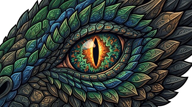 Detailed mythical dragon eye with vibrant textured scales