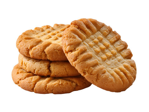 Stack of classic peanut butter cookies with signature crisscross patterns, freshly baked and isolated on a white background.