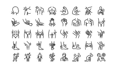 Obraz premium Muscle Ache Pain and Tension in Different Body Parts Medical Outline Icons Collection