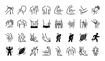 Obraz premium Muscle Pain Ache and Body Cramp Human Anatomy Black Line Icons Set Vector Illustration