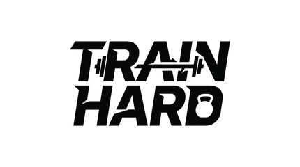 Fototapeta premium Train Hard Fitness Typography Design with Barbell and Kettlebell Icons