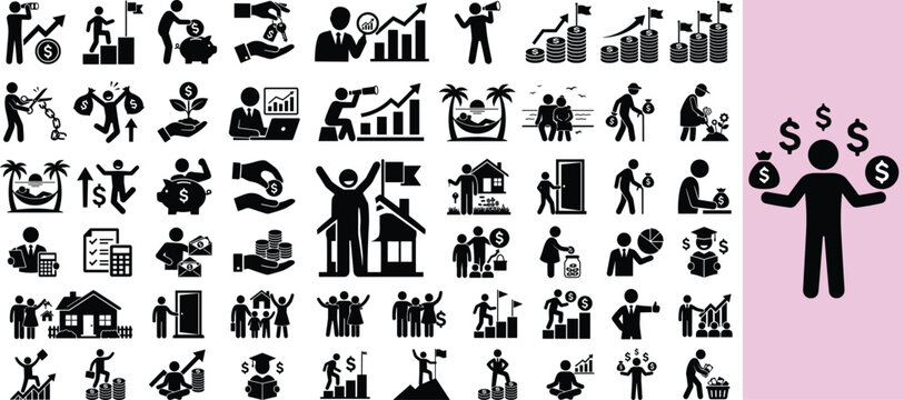 Financial success and wealth management icon set, 50 black business pictograms, money growth and investment strategy vector symbols for banking