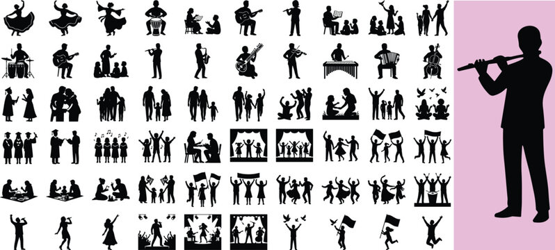 Musical performance silhouettes set, 60 black vector icons of musicians and dancers, people playing instruments and cheering crowds for event posters