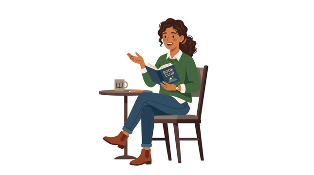 Young Woman Sitting at Cafe Table Reading and Discussing Book Club Novel Illustration