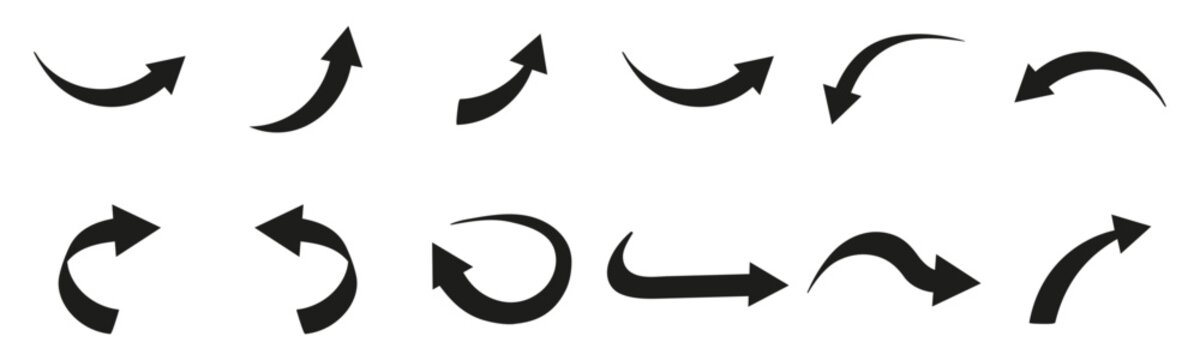 Curved black arrow set vector. Curved arrow icon set. Swirl loop direction indicator graphics. Black curved arrow pointing different direction icon.