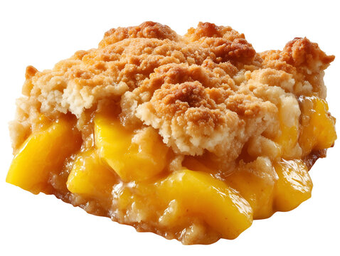Warm peach cobbler with juicy peach chunks and a golden buttery crumble topping, isolated on a white background.