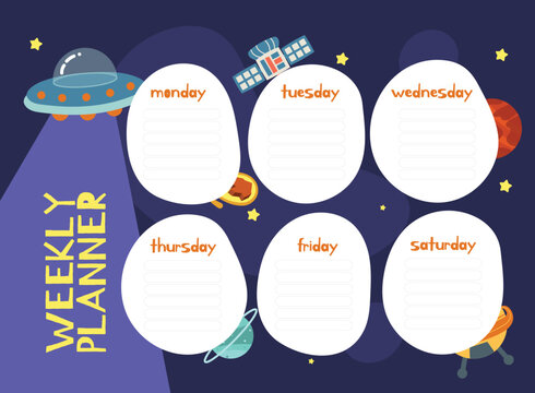 Weekly planner schedule template with cute space outer space illustration