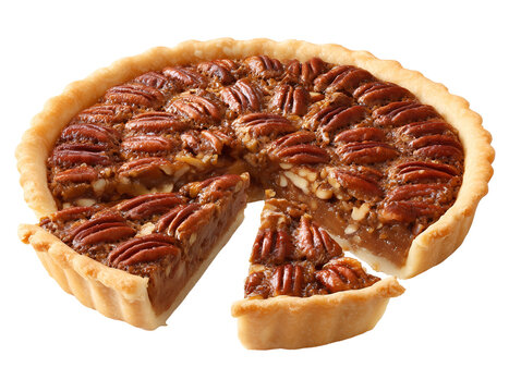 Whole pecan pie with one slice removed, featuring rich caramel filling and crunchy pecans, isolated on a white background.