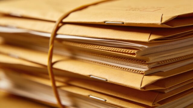 Stack of Brown Paper Envelopes Tied with String, Office Documents and Mail