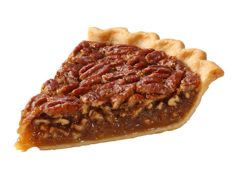 Single slice of pecan pie with buttery crust, rich caramel filling, and toasted pecans, isolated on a white background.