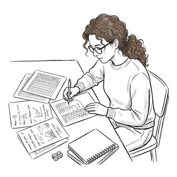 Young woman studying mathematics at desk with papers and notebook