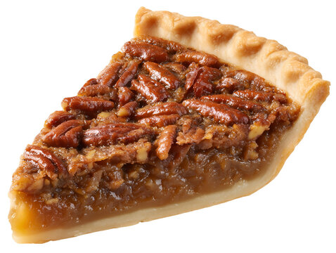 Slice of classic pecan pie with rich caramel filling and crunchy pecan topping, isolated on a white background.