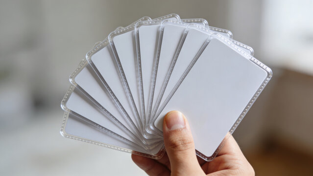 Hand holding blank white plastic cards in clear sleeves, fan shape, copy space