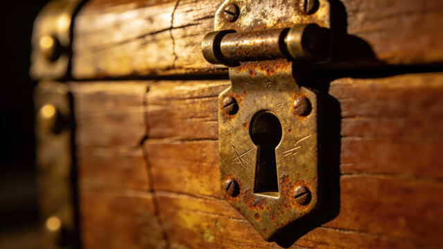 Antique wooden treasure chest with rusty metal lock, close-up detail