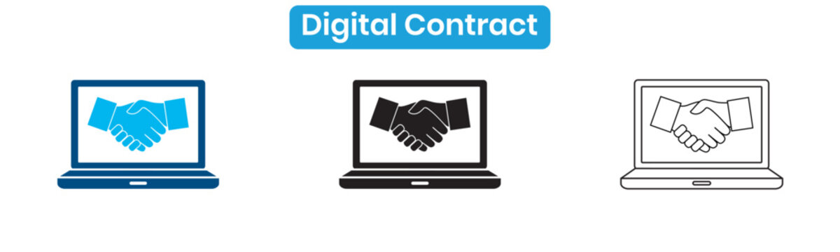 Digital contract icon set with laptop and handshake, vector illustration in three styles for online agreement design