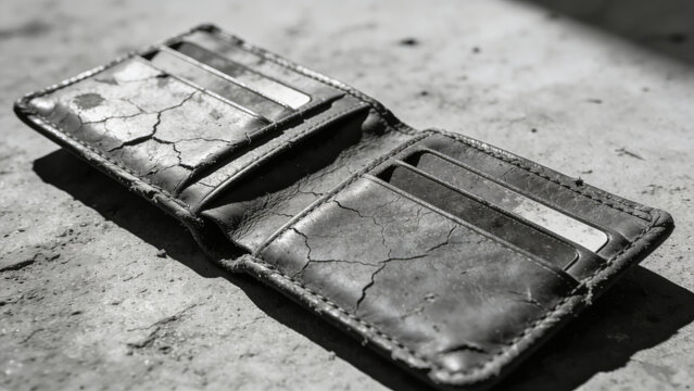 Worn Out Leather Wallet Open on Concrete Surface, Cracked Texture