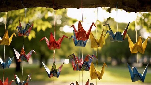 Vibrant origami cranes hanging from outdoor tree branch.