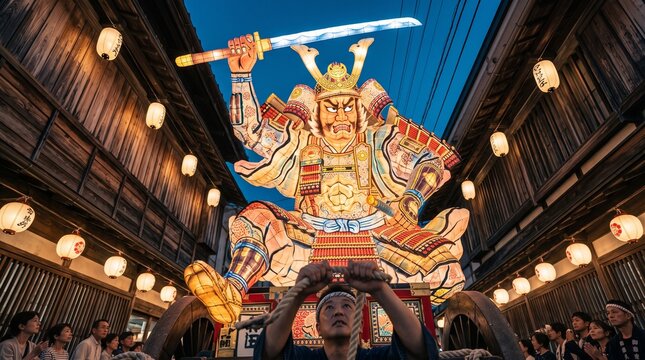 Towering Nebuta warrior lantern viewed from below with festival crew, dramatic low angle cultural scene