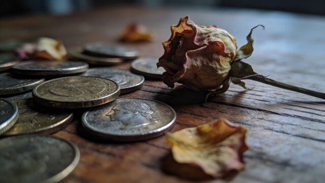 Dried Rose and Coins on Wooden Table: Symbol of Fading Wealth and Decay