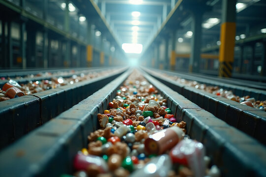 Industrial recycling facility conveyor belts sorting mixed plastic waste debris for sustainable environmental management and pollution control solutions