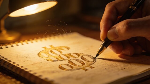 Hand drawing dollar sign on notebook under desk lamp