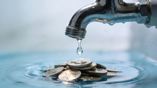 Water Drop Falling on Coins from Faucet, Concept of Wasting Money