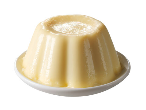 Smooth vanilla pudding with a silky custard texture, served on a small plate and isolated on a white background.