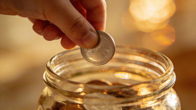 Hand dropping coin into glass jar, saving money concept, warm light