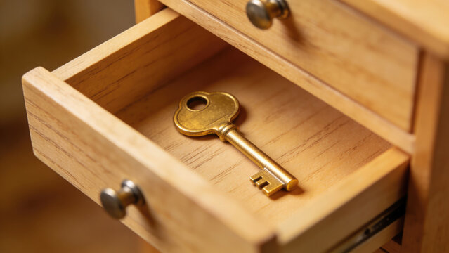 Golden key in an open wooden drawer, symbolizing secrets, solutions, and access