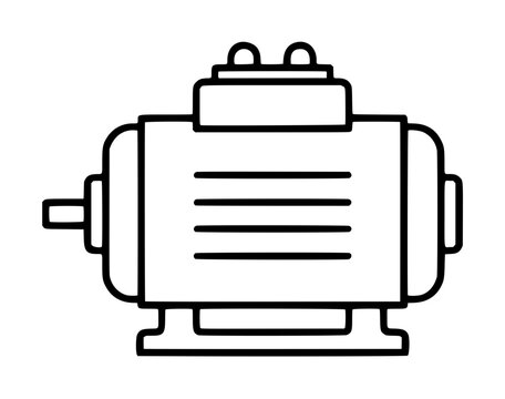 Minimalist vector icon of an electric motor or dynamo with cooling fins, shaft, and terminal box, isolated on white background, black outline style, suitable for industry and engineering concepts.