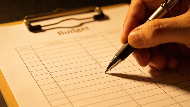 Hand Writing Budget Plan on Clipboard with Pen, Financial Planning Concept