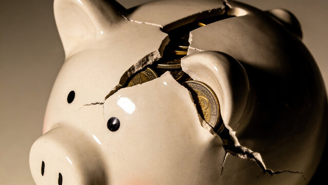 Broken Piggy Bank with Coins - Financial Crisis Concept