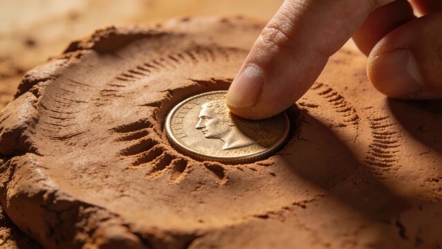 Fossil Imprint: Finger Pressing Coin into Clay, Ancient History Concept