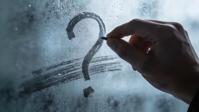 Hand drawing a question mark on a foggy window, symbol of doubt and inquiry