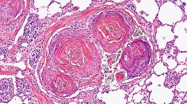 Microscope photograph of stained lung tissue showing pink and purple histological staining revealing cellular structures, blood vessels, and inflammatory cells in a detailed pathology slide.