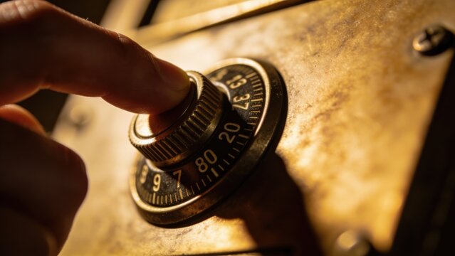 Close-up of Finger Turning Combination Lock on Vintage Safe Door