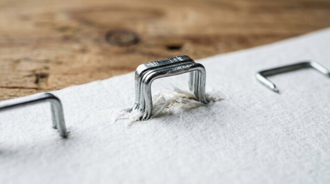 Sharp Focus Macro Shot of Bent Silver Metal Staples Embedded in Thick Textured White Paper, Frayed Fibers Around Staple Holes, Shallow Depth of Field on Warm Rustic Wooden Background, High Detail