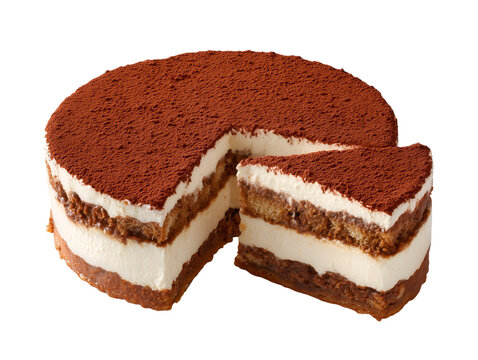 Classic tiramisu cake with mascarpone cream, coffee-soaked ladyfingers, and cocoa powder topping, isolated on a white background.