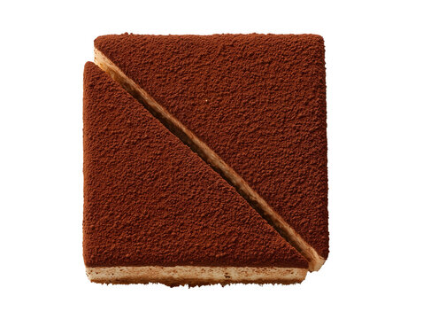 Square tiramisu dessert dusted with cocoa powder, layered with mascarpone cream and coffee-soaked ladyfingers, isolated on a white background.