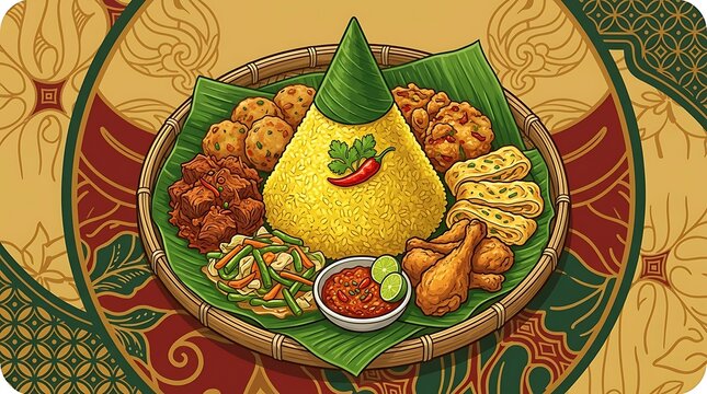 Traditional indonesian nasi tumpeng yellow rice with side dishes