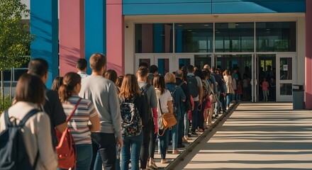Obraz premium Students queuing outside a modern building entrance