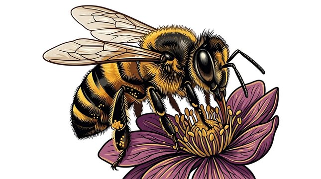 Close up illustration of a honey bee pollinating a purple flower