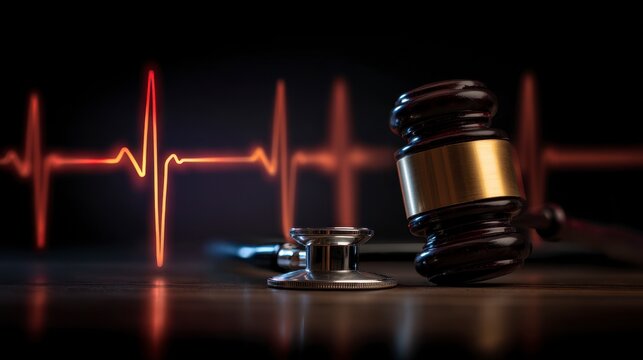 A medical theme artfully combines a wooden gavel, stethoscope, and a vibrant, illuminated heartbeat line, evoking legal medicine