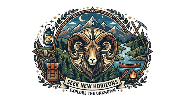 Adventure emblem featuring a ram head and mountain landscape