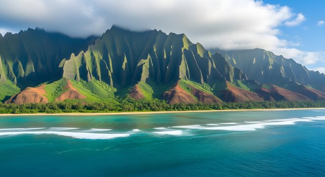 Jagged green mountains above turquoise ocean and beach